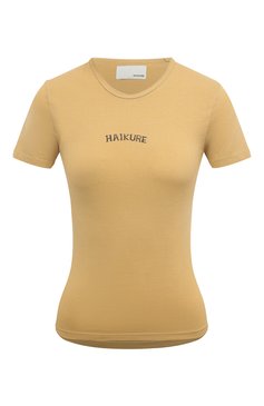 Женская хлопковая футболка HAIKURE хаки цвета, арт. HEW54095TJ002PX | Фото 1 (Принт: Без принта; Рукава: Короткие; Длина (для топов): Стандартные; Материал сплава: Проставлено; Материал внешний: Хлопок; Женское Кросс-КТ: Футболка-одежда; Драгоценные камни: Проставлено; Стили: Кэжуэл)