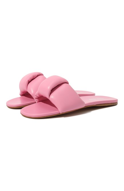 Женские кожаные шлепанцы MIU MIU розового цвета, арт. 5XX546-LYB-F0638-005 | Фото 1 (Материал внешний: Кожа; Подошва: Пл оская)