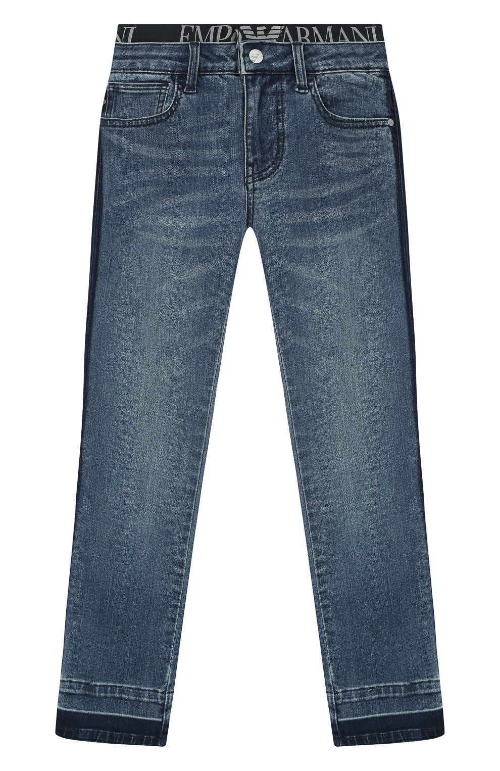 Детские джинсы с декоративными потертостями EMPORIO ARMANI темно-синего цвета, арт. 3G4J17/4DFKZ | Фото 1 (Материал внешний: Хлопок; Статус проверки: Проверено, Проверена категория)