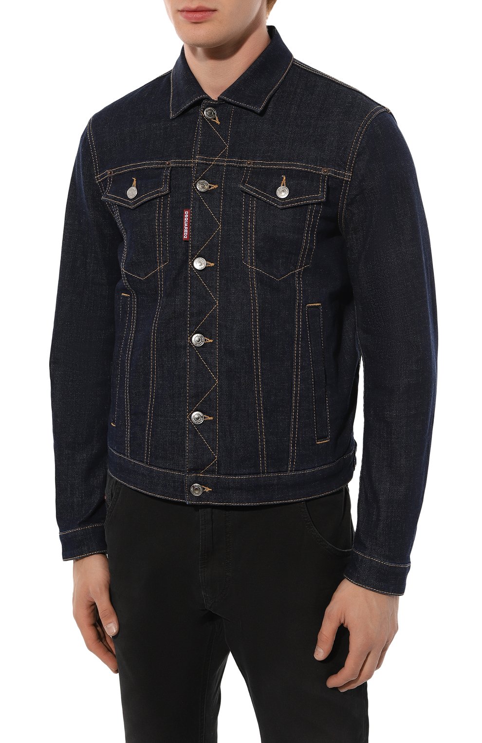 Мужская джинсовая куртка DSQUARED2 темно-синего цвета, арт. S74AM1442/S30664 | Фото 3 (Кросс-КТ: Куртка, Деним; Рукава: Длинные; Материал сплава: Проставлено; Материал внешний: Хлопок, Деним; Драгоценные камни: Проставлено; Длина (верхняя одежда): Короткие; Стили: Кэжуэл)