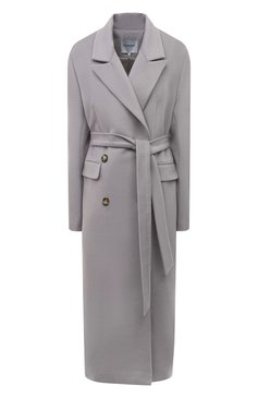 Женское пальто из шерсти и вискозы LESYANEBO серого цвета, арт. ICONIC/H-405/OLZ | Фото 1 (Материал внешний: Шерсть; Рукава: Длинные; Материал сплава: Проставлено; Стили: Классический; Длина (верхняя одежда): Длинные; Драгоценные камни: Проставлено; 1-2-бортные: Двубортные)