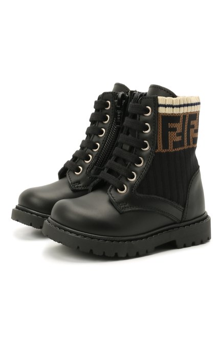 Детские кожаные ботинки FENDI черного цвета, арт. JMR330/A8CU/19-26 | Фото 1 (Материал внутренний: Натуральная кожа; Материал внешний: Текстиль, Кожа; Длина стельки: 12,5)