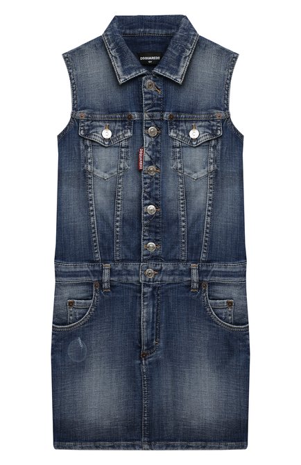Детское джинсовый сарафан DSQUARED2 синего цвета, арт. DQ0091-D005F | Фото 1 (Материал внешний: Хлопок; Рукава: Короткие; Девочки Кросс-КТ: Сарафан-одежда; Региональные ограничения белый список (Axapta Mercury): RU; Ростовка одежда: 10 - 11 лет | 140 - 146см, 12 лет | 152 см, 13 - 15 лет | 158 см, 6 лет | 116 см, 8 лет | 128 см)