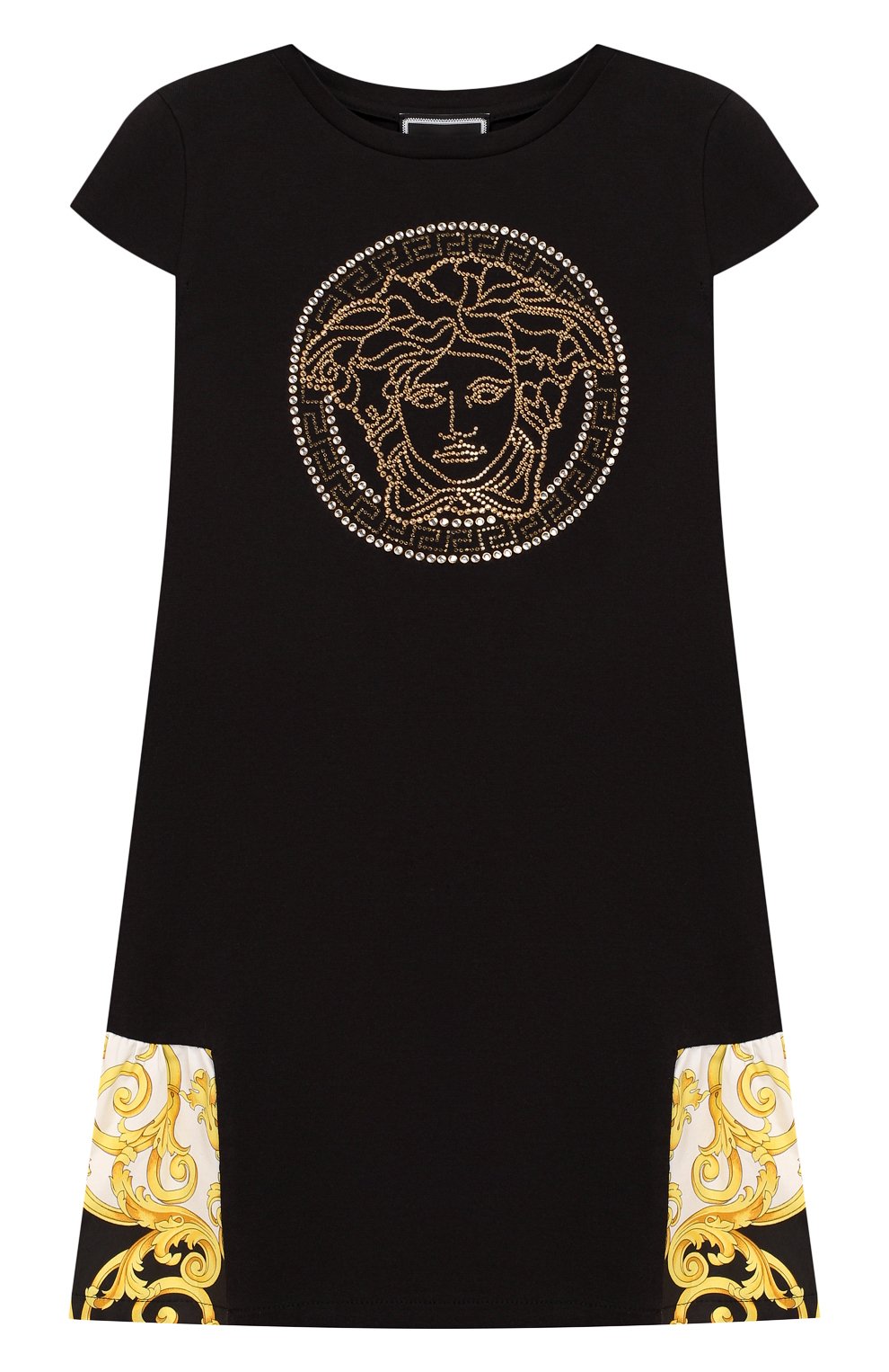 Детское хлопковое платье VERSACE черного цвета, арт. YVFAB438/YJE131/6A | Фото 1 (Рукава: Короткие; Принт: С принтом; Материал внешний: Хлопок; Девочки Кросс-КТ: Платье-одежда; Статус проверки: Проверена категория)