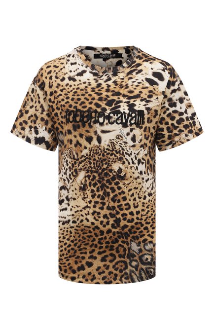 Женская хлопковая футболка ROBERTO CAVALLI леопардового цвета, арт. SKT61B/3PG34 | Фото 1 (Драгоценные камни: Проставлено; Материал внешний: Хлопок; Рукава: Короткие; Материал сплава: Проставлено; Длина (для т�опов): Стандартные)