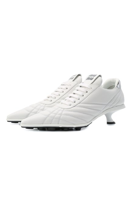 Женские кожаные туфли MIU MIU белого цвета, арт. 5E521D-3F1F-F0009-055 | Фото 1 (Подошва: Плоская; Каблук высота: Низкий; Каблук тип: Kitten heel; Материал вн ешний: Кожа)