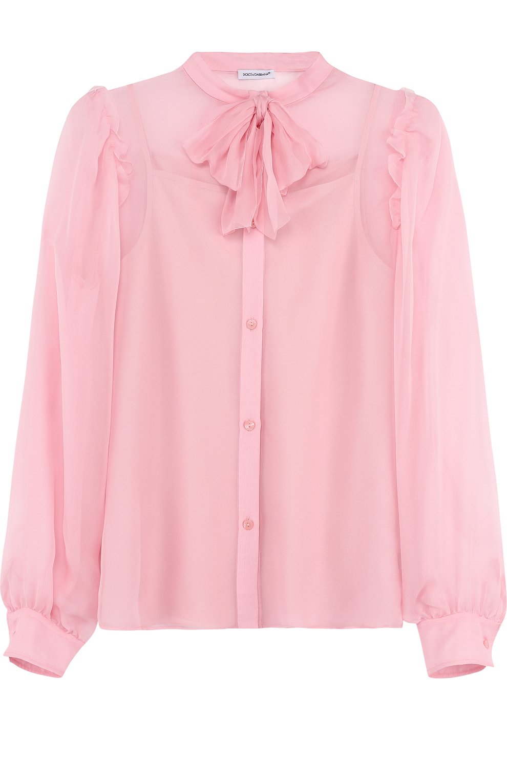 Детское шелковая блуза с воротником аскот DOLCE & GABBANA светло-розового цвета, арт. L53S65/FU1HW/8-14 | Фото 1 (Материал внешний: Шелк; Рукава: Длинные; Статус проверки: Проверено, Проверена категория)