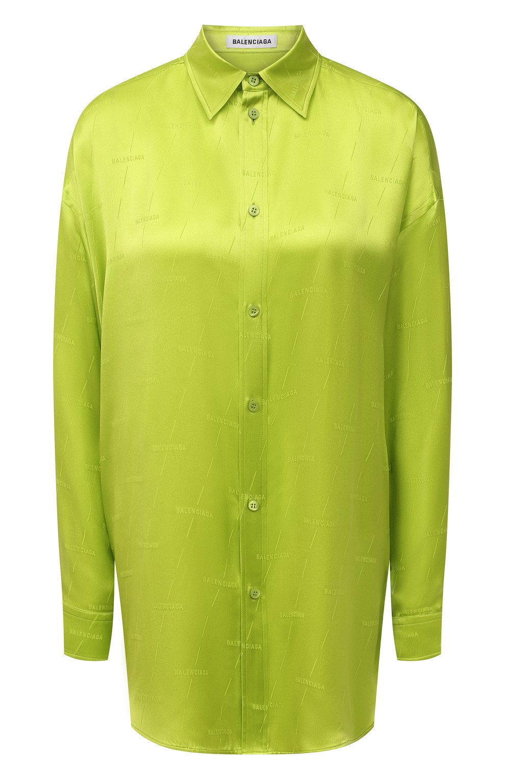 Женская шелковая рубашка BALENCIAGA зеленого цвета, арт. 623037/TJN07 | Фото 1 (Материал внешний: Шелк; Рукава: Длинные; Принт: Без принта; Женское Кросс-КТ: Рубашка-одежда; Длина (для топов): Удлиненные; Региональные ограничения белый список (Axapta Mercury): RU; Материал сплава: Проставлено; Драгоценные камни: Проставлено; Стили: Романтичный)