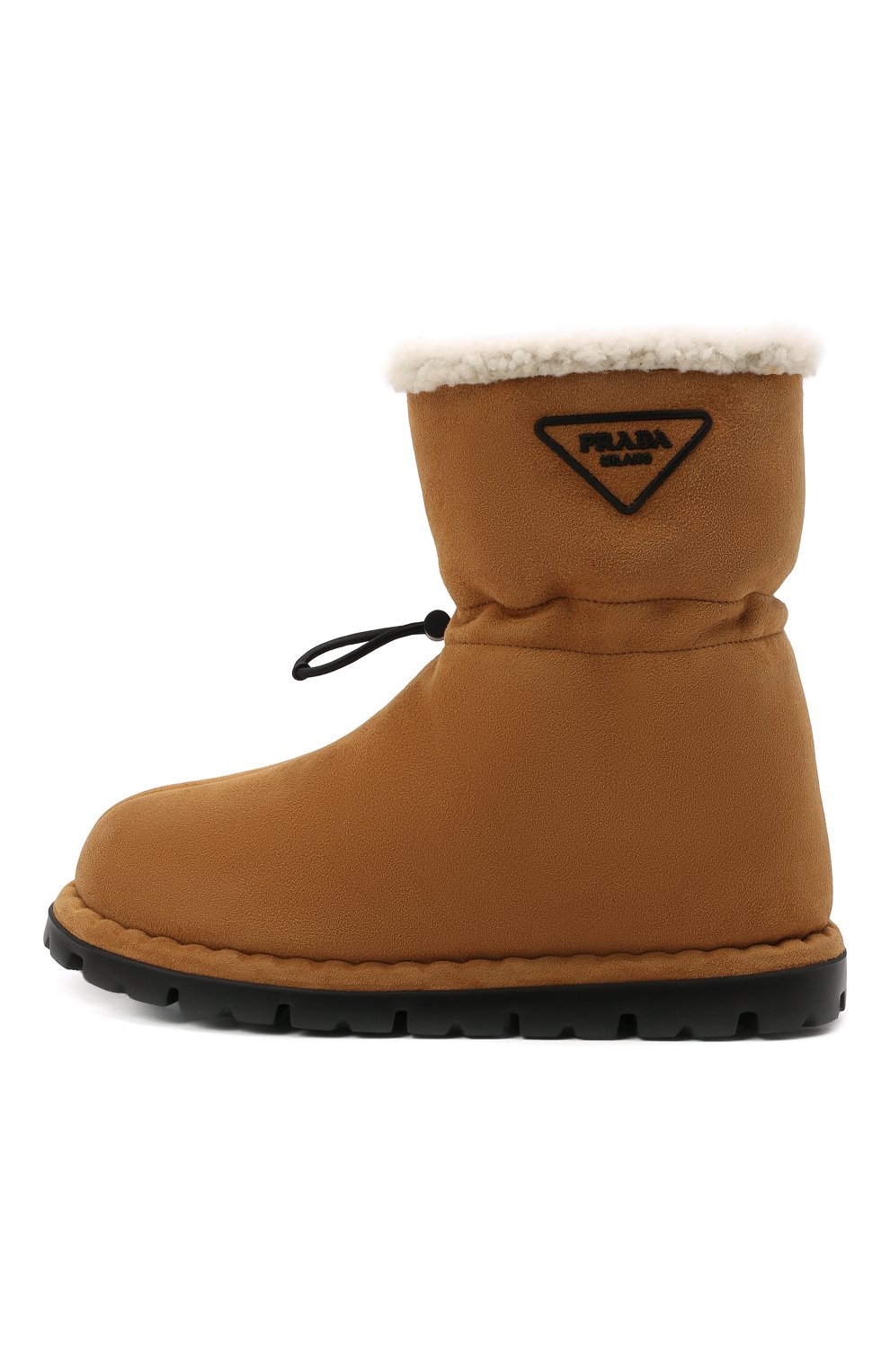 Женские замшевые сапоги PRADA коричневого цвета, арт. 1U706M-1A6-F0046-020 | Фото 4 (Подошва: Платформа; Каблук высота: Без каблука; Материал утеплителя: Натуральный мех, Шерсть; Высота голенища: Низкие; Каблук тип: Устойчивый; Материал внешний: Замша; Женское Кросс-КТ: Дутики)