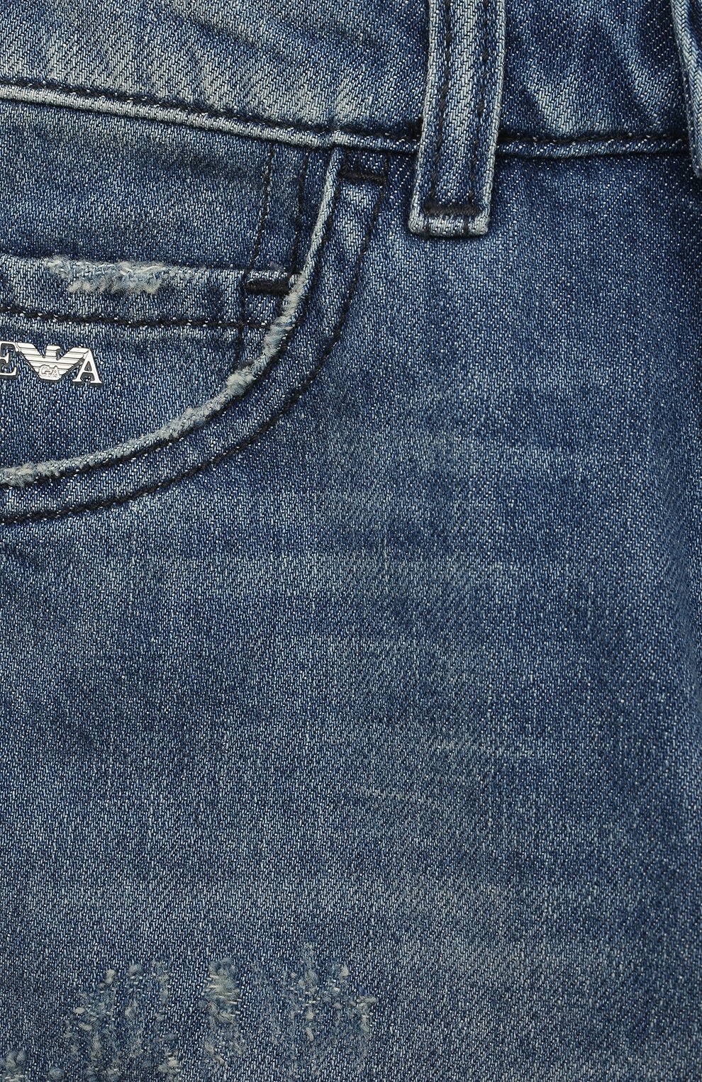 Детские джинсы EMPORIO ARMANI синего цвета, арт. 3R4J04/4D3ZZ | Фото 3 (Материал сплава: Проставлено; Нос: Не проставлено; Материал внешний: Хлопок; Детали: Потертости)