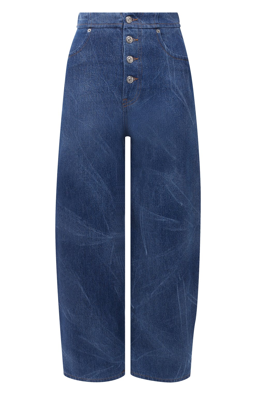 Женские джинсы MM6 синего цвета, арт. S32LA0226/S30460 | Фото 1 (Стили: Ретро; Силуэт Ж (брюки и джинсы): Широкие; Кросс-КТ: Деним; Длина (брюки, джинсы): Стандартные; Материал внешний: Хлопок; Детали: Потертости)