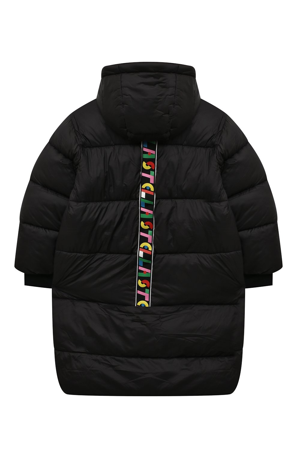 Детская утепленное пальто STELLA MCCARTNEY черного цвета, арт. 8R2B60 | Фото 2 (Рукава: Длинные; Материал внешний: Синтетический материал; Материал сплава: Проставлено; Драгоценные камни: Проставлено)