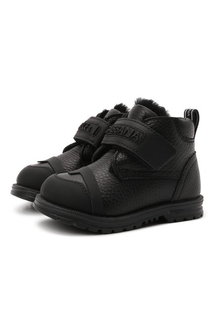 Детские кожаные ботинки DOLCE & GABBANA черного цвета, арт. DL0067/AQ493 | Фото 1 (Материал утеплителя: Натуральный мех; Материал внешний: Кожа)