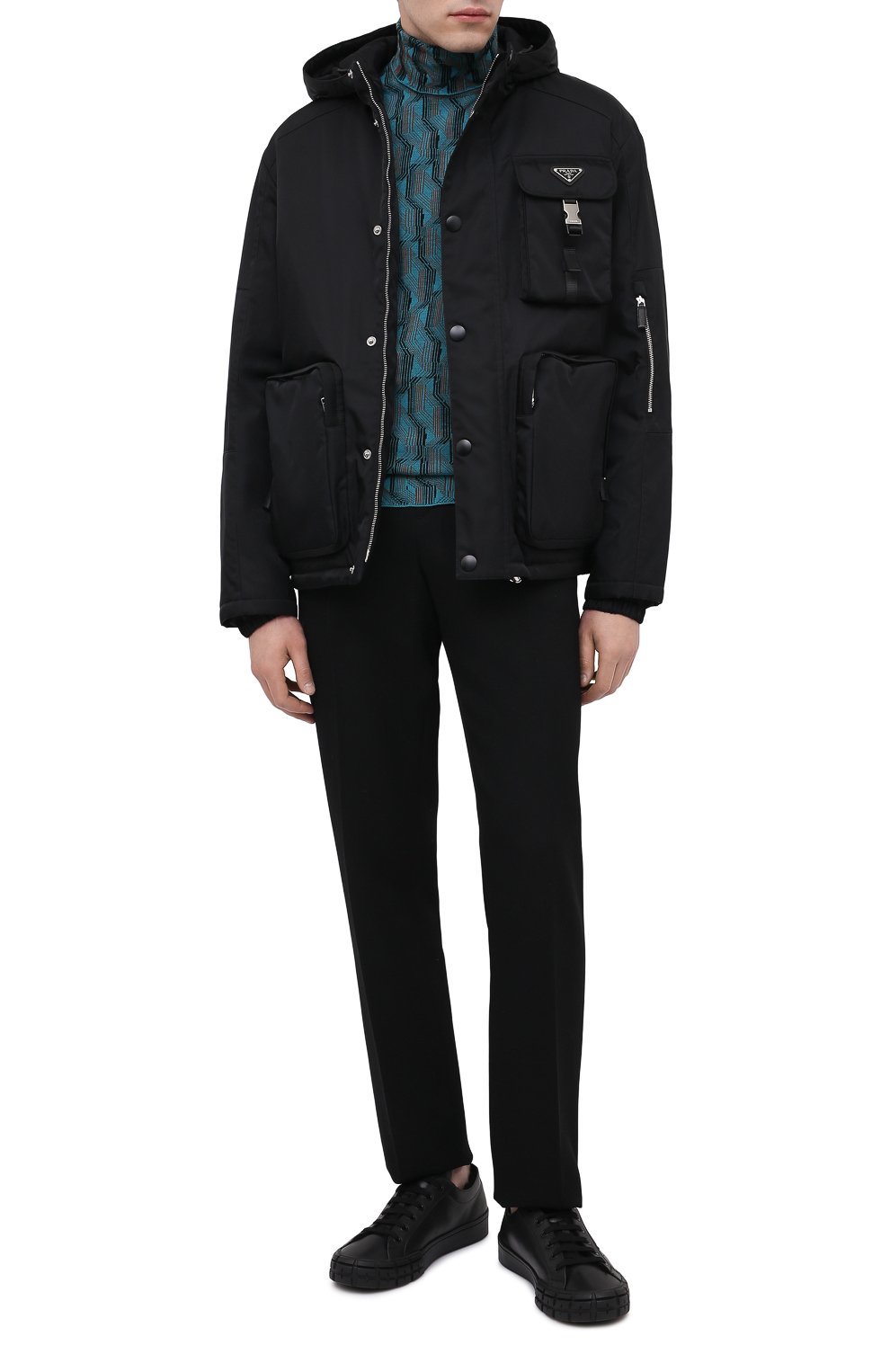 Мужские кожаные кеды PRADA черного цвета, арт. 2EG324-3LEN-F0002-A000 | Фото 2 (Материал внешний: Кожа; Материал утеплителя: Натуральный мех; Стили: Классический; Подошва: Массивная)