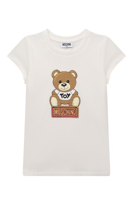Детская хлопковая футболка MOSCHINO белого цвета, арт. HDM055/LBA11/10A-14A | Фото 1 (Драгоценные камни: Проставлено; Материал внешний: Хлопок; Рукава: Короткие; Материал сплава: Проставлено)