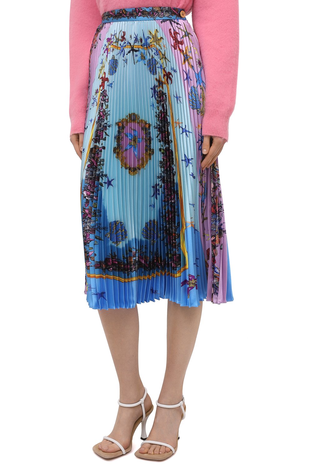 Женская плиссированная юбка VERSACE голубого цвета, арт. A89382/1F01182 | Фото 3 (Женское Кросс-КТ: юбка-плиссе, Юбка-одежда; Материал внешний: Синтетический материал; Региональные ограничения белый список (Axapta Mercury): RU; Длина Ж (юбки, платья, шорты): Миди; Стили: Романтичный)