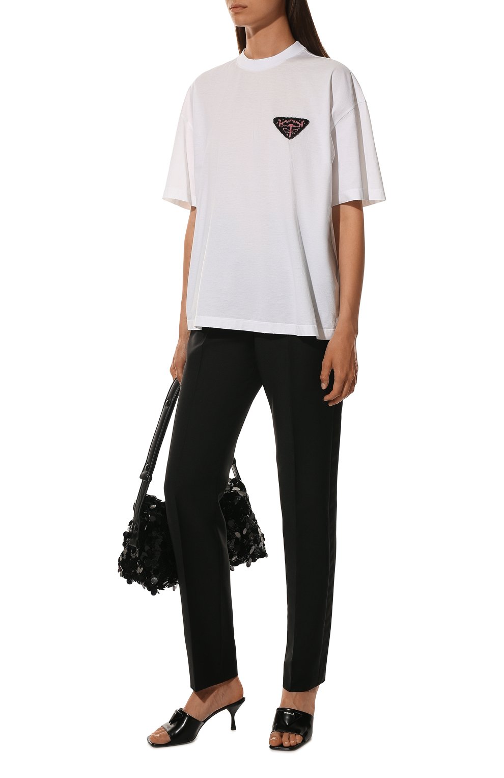 Женская хлопковая футболка PRADA белого цвета, арт. 3572A-1ZPL-F0009-212 | Фото 2 (Принт: Без принта; Рукава: Короткие; Длина (для топов): Стандартные; Материал внешний: Хлопок; Стили: Спорт-шик; Женское Кросс-КТ: Футболка-одежда)