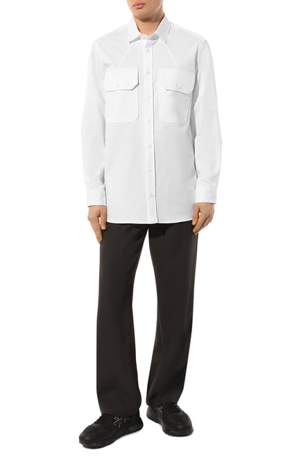 Мужская хлопковая рубашка NEIL BARRETT белого цвета, арт. PBCM183V/V022 | Фото 2 (Материал сплава: Проставлено; Длина (для топов): Стандартные; Материал внешний: Хлопок; Рукава: Длинные; Драгоценные камни: Проставлено)