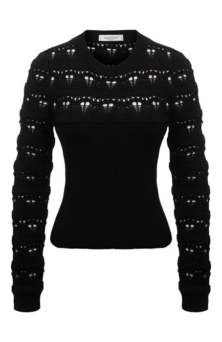 Женский хлопковый свитер VALENTINO черного цвета, арт. WB3KC23S6J1 | Фото 1 (Женское Кросс-КТ: Свитер-одежда; Длина (для топов): Стандартные; Стили: Бохо; Рукава: Длинные; Материал внешний: Хлопок)