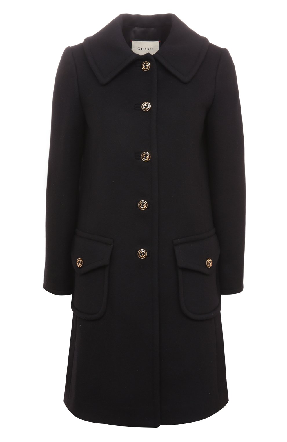 Женское шерстяное пальто GUCCI черного цвета, арт. 626300 ZHW03 | Фото 1 (Стили: Ретро; Рукава: Длинные; Длина (верхняя одежда): До середины бедра; 1-2-бортные: Однобортные)