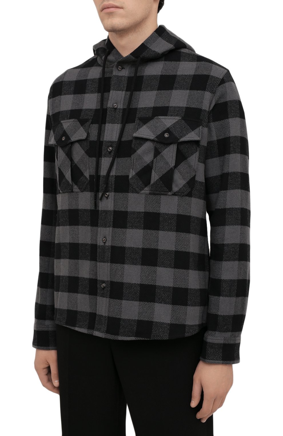Мужская хлопковая рубашка OFF-WHITE серого цвета, арт. 0MGA125F21FAB001 | Фото 3 (Манжеты: На пуговицах; Принт: Клетка; Воротник: С капюшоном; Рукава: Длинные; Случай: Повседневный; Региональные ограничения белый список (Axapta Mercury): Не проставлено; Материал внешний: Синтетический материал, Хлопок; Длина (для топов): Стандартные; Стили: Гранж; Материал сплава: Проставлено; Драгоценные камни: Проставлено)