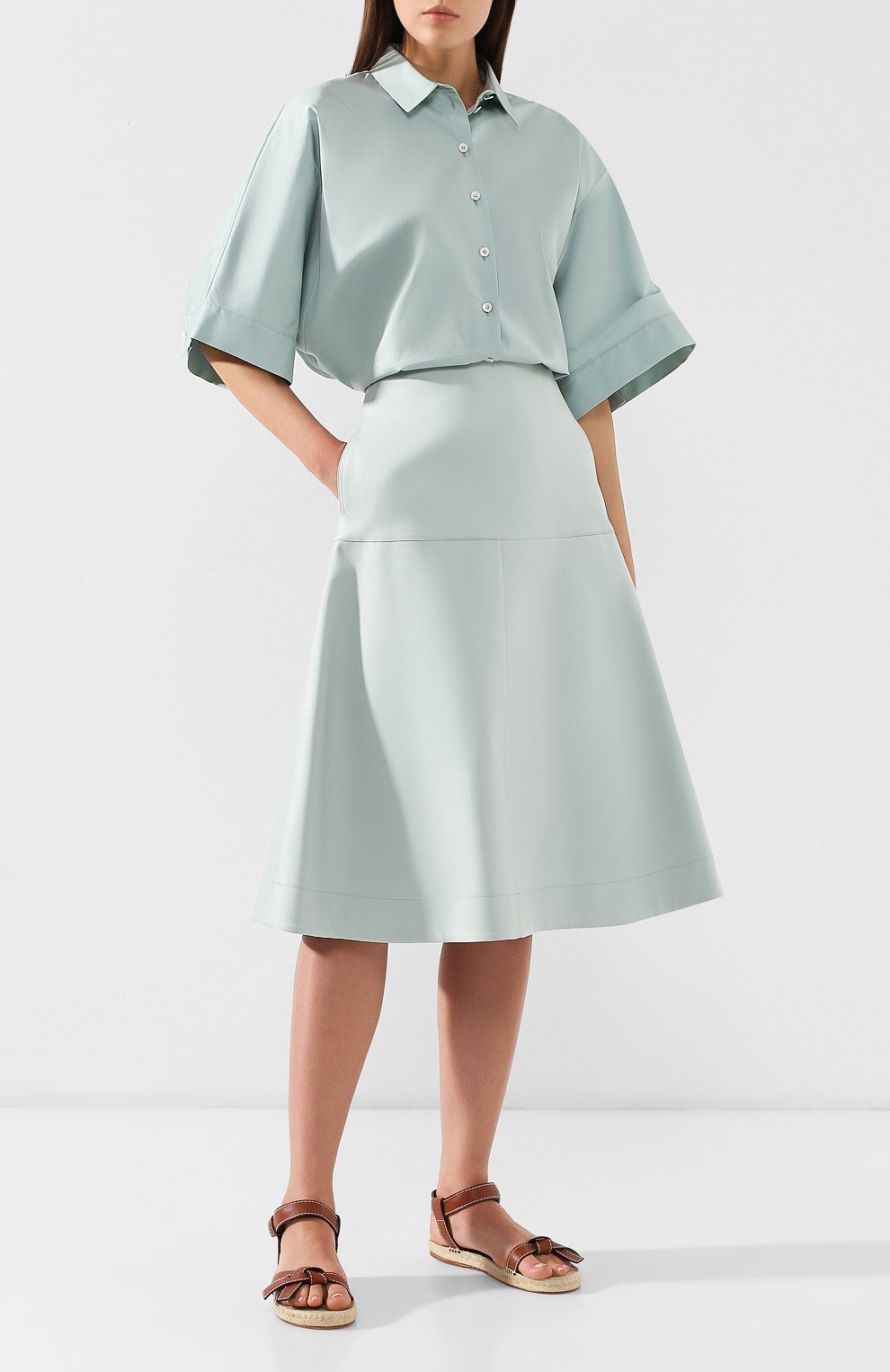 Женская хлопковая юбка JIL SANDER NAVY зеленого цвета, арт. JNWM3506A/JM2417 | Фото 2 (Женское Кросс-КТ: Юбка-одежда; Материал внешний: Хлопок; Длина Ж (юбки, платья, шорты): Миди; Статус проверки: Проверена категория)