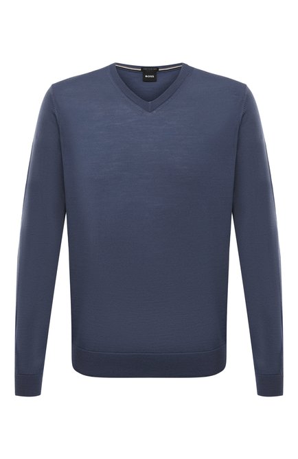 Мужской шерстяной пуловер BOSS синего цвета, арт. 50468261 | Фото 1 (Длина (для топов): Стандартные; Рукава: Длинные; Материал внешний: Шерсть; Мужское Кросс-КТ: Пуловеры; Стили: Кэжуэл; Вырез: V-образный)