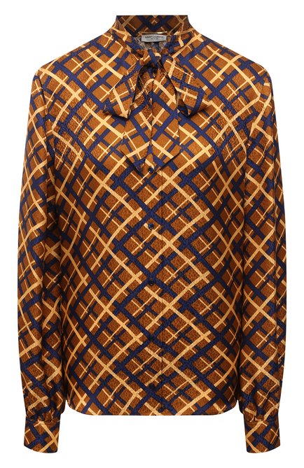 Женская шелковая блузка SAINT LAURENT коричневого цвета, арт. 660892/Y5D61 | Фото 1 (Рукава: Длинные; Длина (для топов): Стандартные; Материал внешний: Шелк; Женское Кросс-КТ: Блуза-одежда; Принт: С принтом, Клетка)