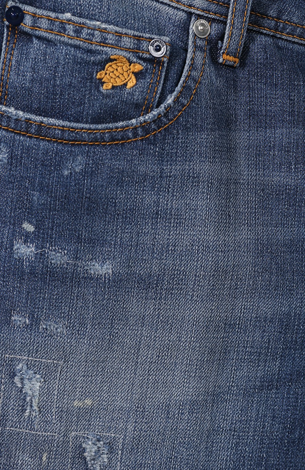 Мужские джинсы VILEBREQUIN синего цвета, арт. VBMP0001-00583-W3 | Фото 5 (Силуэт М (брюки): Узкие; Кросс-КТ: Деним; Длина (брюки, джинсы): Стандартные; Материал внешний: Хлопок; Детали: Потертости)