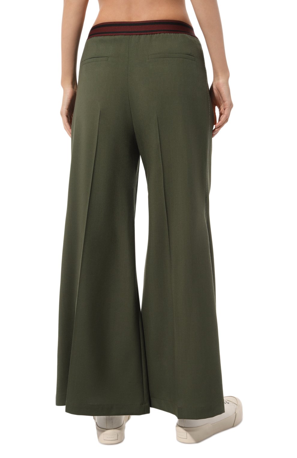 Женск ие шерстяные брюки MARNI зеленого цвета, арт. PAMA0428U0/TW839 | Фото 4 (Материал внешний: Шерсть; Длина (брюки, джинсы): Стандартные; Женское Кросс-КТ: Брюки-одежда; Материал сплава: Проставлено; Силуэт Ж (брюки и джинсы): Расклешенные; Драгоценные камни: Проставлено; Материал подклада: Вискоза; Стили: Кэжуэл)