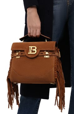Женская сумка buzz 23 BALMAIN коричневого цвета, арт. WN1DB534/LCRF | Фото 2 (Сумки-технические: Сумки top-handle; Материал: Натуральная кожа, Натуральная замша; Ремень/цепочка: На ремешке; Размер: small)
