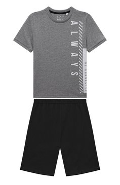 Женская хлопковая пижама SANETTA темно-серого цвета, арт. 244934 | Фото 1 (Рукава: Короткие; Материал сплава: Проставлено; Материал внешний: Хлопок; Драгоценные камни: Проставлено)