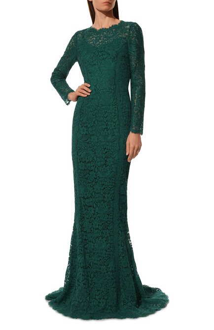 Женское кружевное платье DOLCE & GABBANA зеленого цвета, арт. F67T3T/HLMQQ | Фото 2 (Материал подклада: Шелк; Рукава: Длинные; Длина Ж (юбки, платья, шорты): Макси; Материал внешний: Синтетический материал)