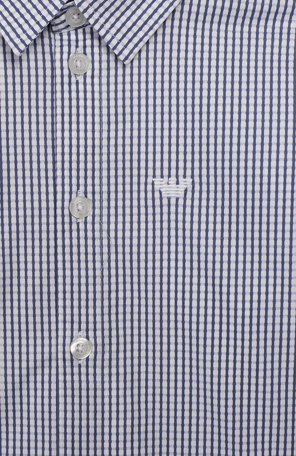 Детская хлопковая рубашка EMPORIO ARMANI синего цвета, арт. 6G4C02/4NGPZ | Фото 3 (Рукава: Длинные; Принт: С принтом; Материал сплава: Проставлено, Проверено; Материал внешний: Хлопок; Стили: Классический; Мальчики-школьная форма: Рубашки; Драгоценные камни: Проставлено; Статус проверки: Проверена категория)