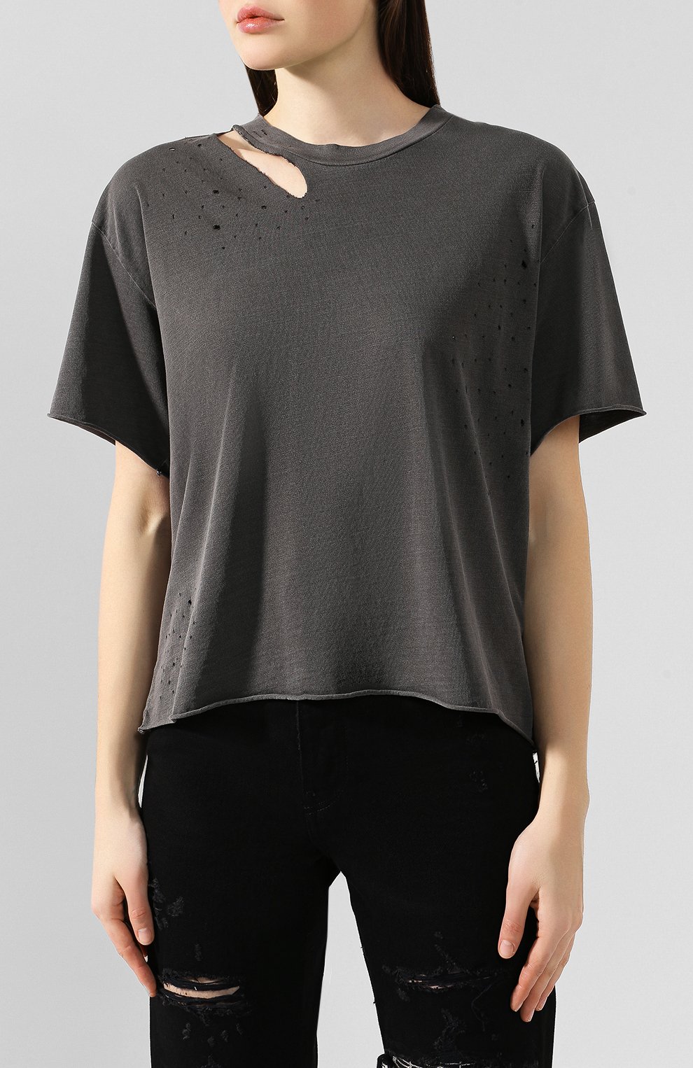 Женская хлопковая футболка AMIRI темно-серого цвета, арт. W9W03345CJ | Фото 3 (Принт: Без принта; Рукава: Короткие; Длина (для топов): Стандартные; Материал внешний: Хлопок; Женское Кросс-КТ: Футболка-одежда; Стили: Кэжуэл)
