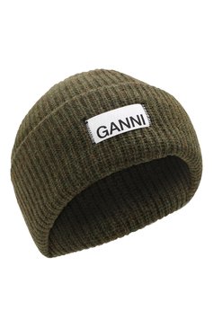 Женская шерстяная шапка GANNI хаки цвета, арт. A2035 | Фото 1 (Материал: Текстиль, Шерсть; Статус проверки: Проверено, Проверена категория)
