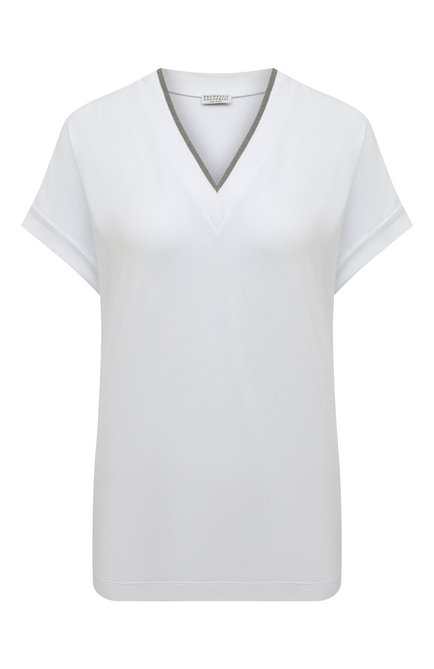 Женская хлопковая футболка BRUNELLO CUCINELLI белого цвета, арт. MPT18BD222 | Фото 1 (Длина (для топов): Стандартные; Рукава: Короткие; Материал внешний: Хлопок; Стили: Кэжуэл; Принт: Без принта; Женское Кросс-КТ: Футболка-одежда; Размерность: Маломерит)