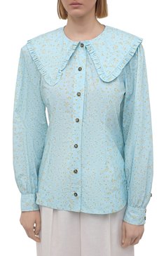 Женская хлопковая блузка GANNI голубого цвета, арт. F5911 | Фото 3 (Принт:  С принтом, Без принта; Рукава: Длинные; Длина (для топов): Стандартные; Материал внешний: Хлопок; Стили: Бохо; Женское Кросс-КТ: Блуза-одежда)