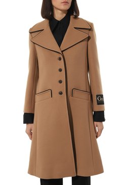 Женское шерстяное пальто GUCCI коричневого цвета, арт. 652015 ZAAL6 | Фото 3 (Материал внешний: Шерсть; Рукава: Длинные; Длина (верхняя одежда): До колена; 1-2-бортные: Однобортные; Стили: Кэжуэл)