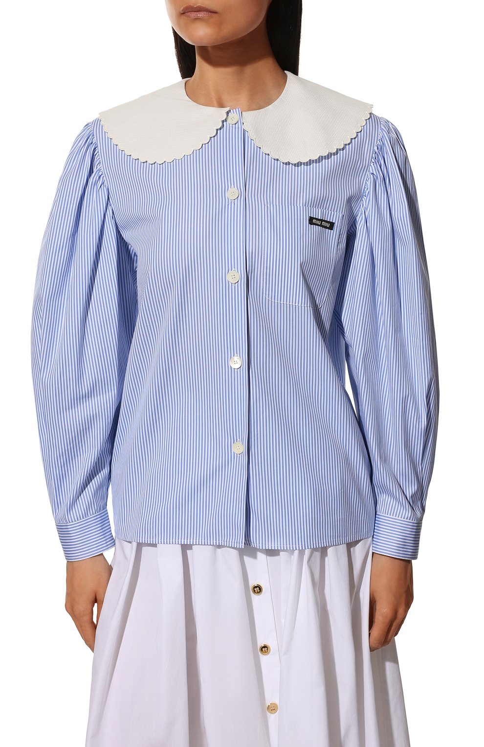 Женская хлопковая блузка MIU MIU голубого цвета, арт. MK1539-Z58-F0076 | Фото 3 (Рукава: Длинные; Принт: Полоска; Длина (для топов): Стандартные; Материал внешний: Хлопок; Стили: Романтичный; Женское Кросс-КТ: Блуза-одежда)