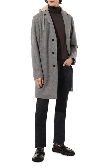 Мужской пальто BOSS темно-серого цвета, арт. 50484802 | Фото 2 (Материал внешний: Шерсть; Длина (верхняя одежда): До колена; Рукава: Длинные; Мужское Кросс-КТ: пальто-верхняя одежда; Стили: Кэжуэл)