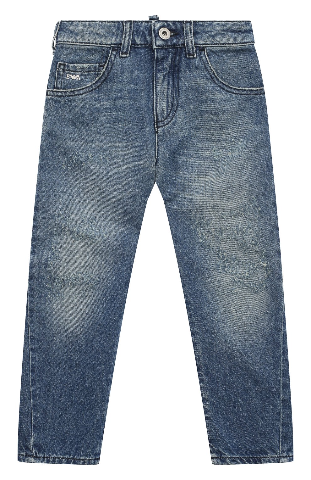 Детские джинсы EMPORIO ARMANI синего цвета, арт. 3R4J04/4D3ZZ | Фото 1 (Материал сплава: Проставлено; Нос: Не проставлено; Материал внешний: Хлопок; Детали: Потертости)