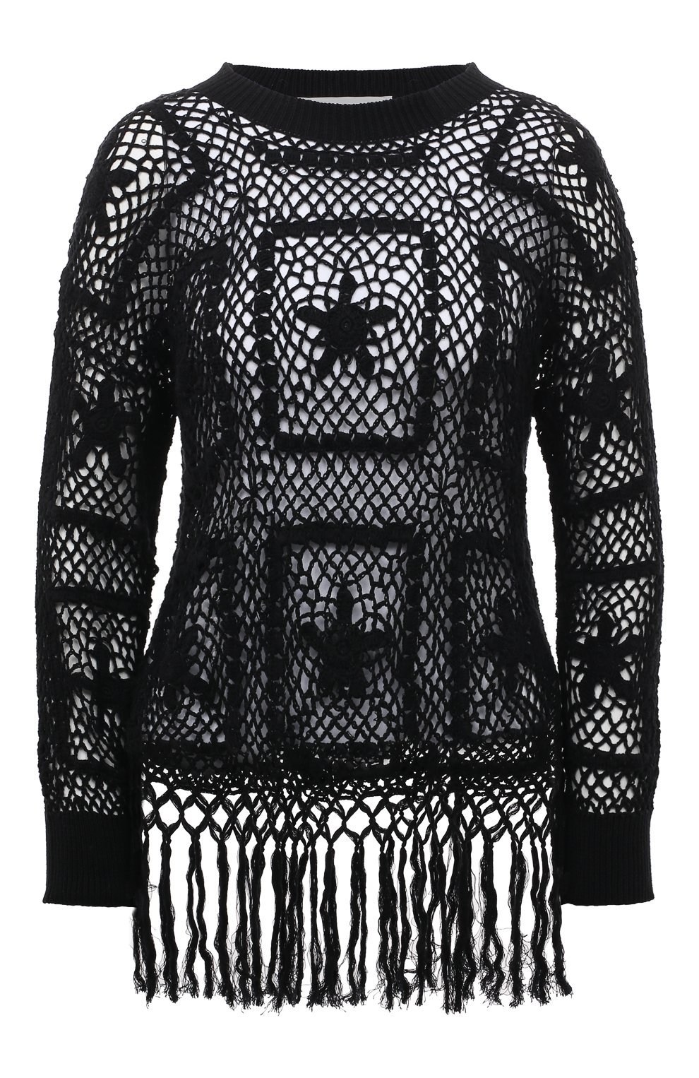 Топы Wildfox, Пуловер крупной вязки с круглым вырезом и бахромой Wildfox, США, Чёрный, Хлопок: 100%;, 1893121  - купить