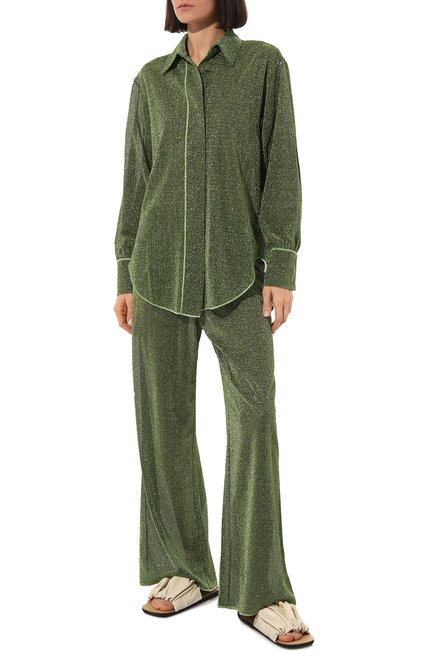 Женская рубашка OSEREE зеленого цвета, арт. LSF202/LUREX/SABBIA | Фото 2 (Материал внешний: Металлизированное волокно, Синтетический материал; Рукава: Длинные; Длина (для топов): Удлиненные; Стили: Гламурный; Принт: Без принта; Женское Кросс-КТ: Рубашка-одежда; Материал сплава: Проставлено; Драгоценные камни: Проставлено)