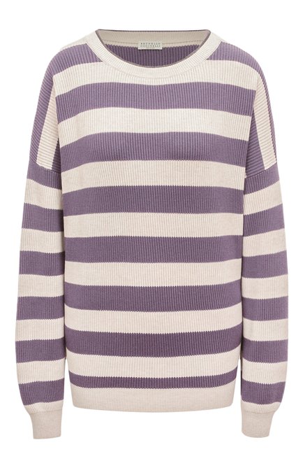 Женский хлопковый пуловер BRUNELLO CUCINELLI сиреневого цвета, арт. M1900B1035 | Фото 1 (Материал внешний: Хлопок; Длина (для топов): Стандартные; Рукава: Длинные; Стили: Кэжуэл; Женское Кросс-КТ: Пуловер-одежда)