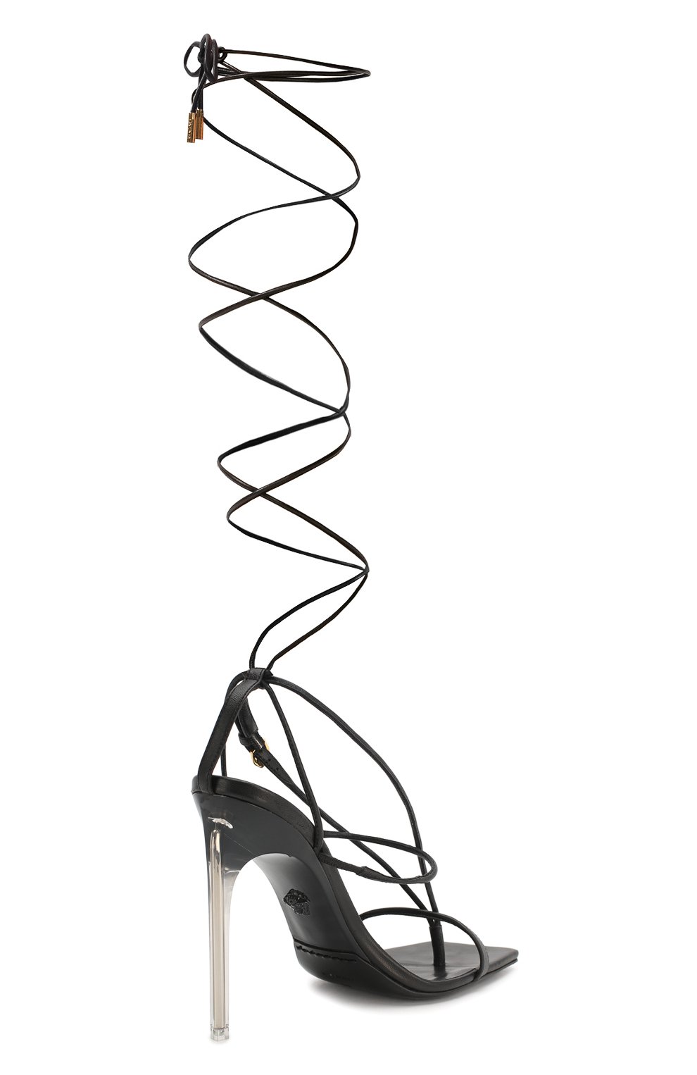 Женские кожаные босоножки VERSACE черного цвета, арт. DST331P/DNA5 | Фото 4 (Каблук высота: Высокий; Материал внутренний: Натуральная кожа; Каблук тип: Шпилька; Подошва: Плоская)