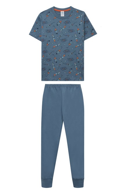 Женская хлопковая пижама SANETTA синего цвета, арт. 233444 | Фото 1 (Рукава: Короткие; Материал сплава: Проставлено; Материал внешний: Хлопок; Драгоценные камни: Проставлено)