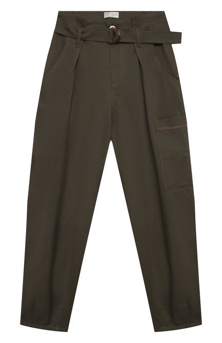 Детские хлопковые брюки BRUNELLO CUCINELLI хаки цвета по цене 59950 руб., арт. B0F48P033B | Фото 1