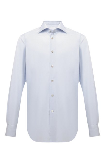 Мужская хлопковая сорочка KITON светло-голубого цвета, арт. UCIH0660102 | Фото 1 (Материал внешний: Хлопок; Длина (для топов): Стандартные; Рукава: Длинные; Случай: Формальный; Стили: Классический; Принт: Однотонные; Рубашки М: Regular Fit; Манжеты: На пуговицах; Воротник: Акула)