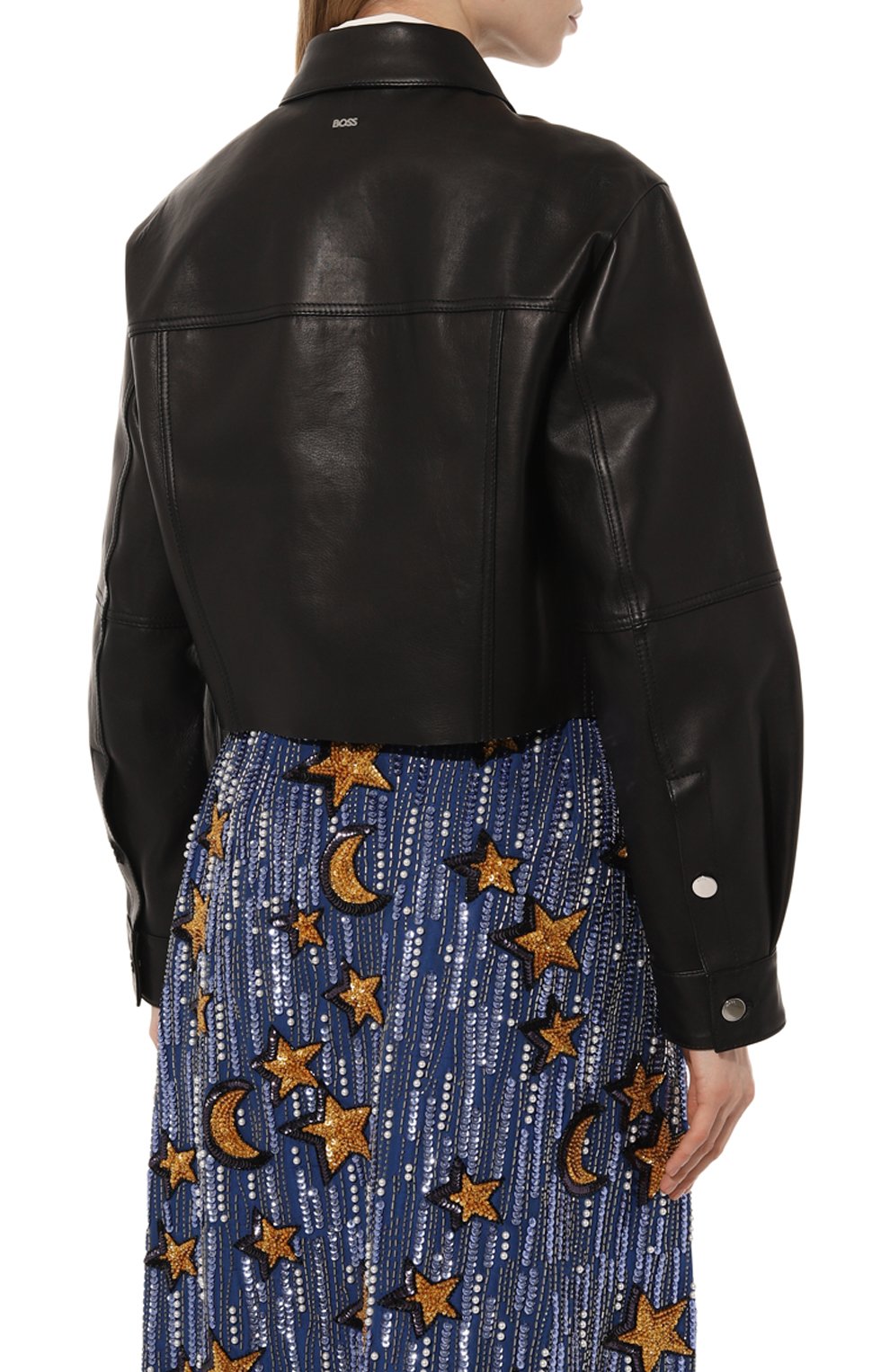 Женская кожаная куртка BOSS черного цвета, арт. 50487232 | Фото 4 (Кросс-КТ: Куртка; Рукава: Длинные; Стили: Гламурный; Материал сплава: Проставлено; Материал внешний: Натуральная кожа; Драгоценные камни: Проставлено; Длина (верхняя одежда): Короткие)